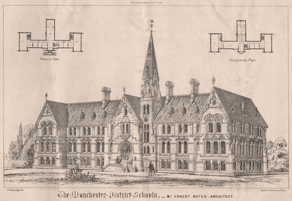 The Manchester District Schools; Mr. Ernest Bates, Architect 1868 old print